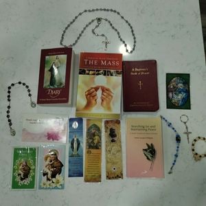Collection of Catholic books, Our Lady of Lourdes Rosary, prayer cards +++